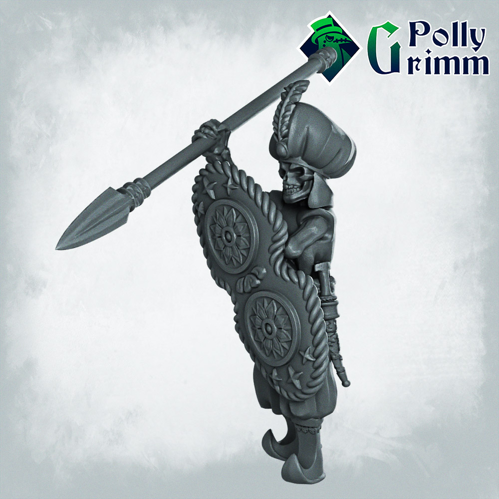 Fantasy and historic miniatures for tabletop games. Arabian Nightmare. Skeleton army. Soldier with spear and shield
